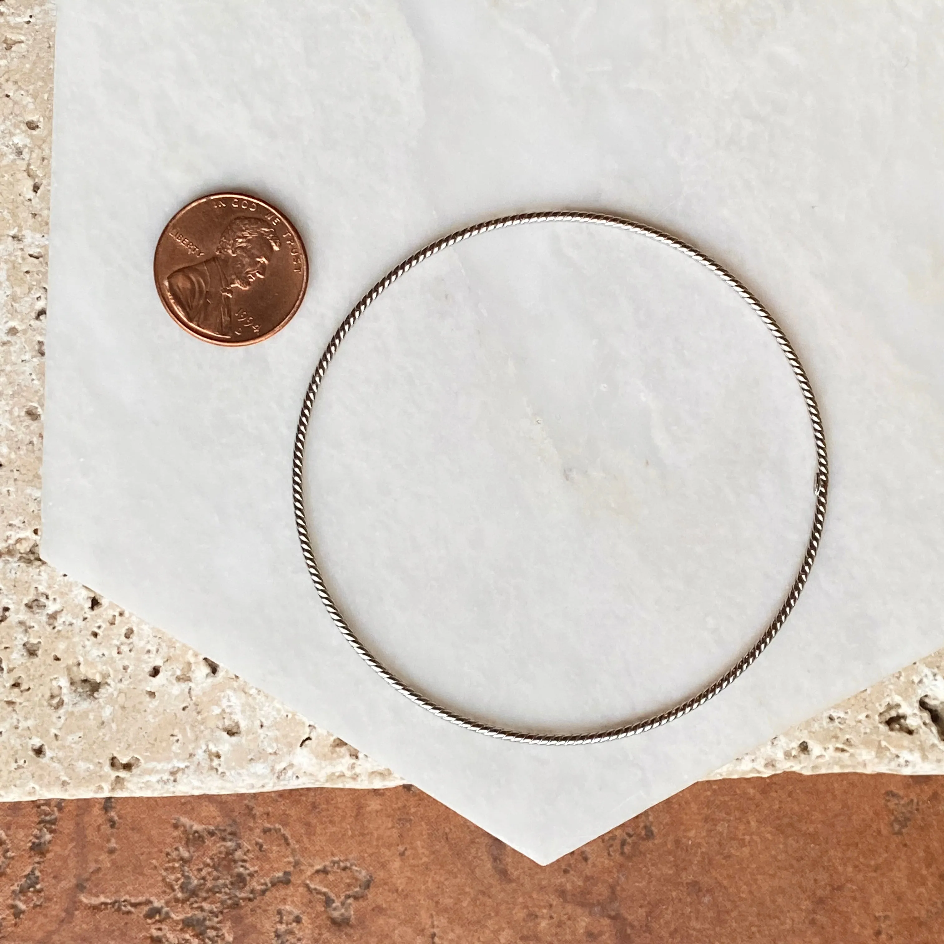 14KT White Gold Thin Rope Twist Slip-On Bangle Bracelet 1.5mm