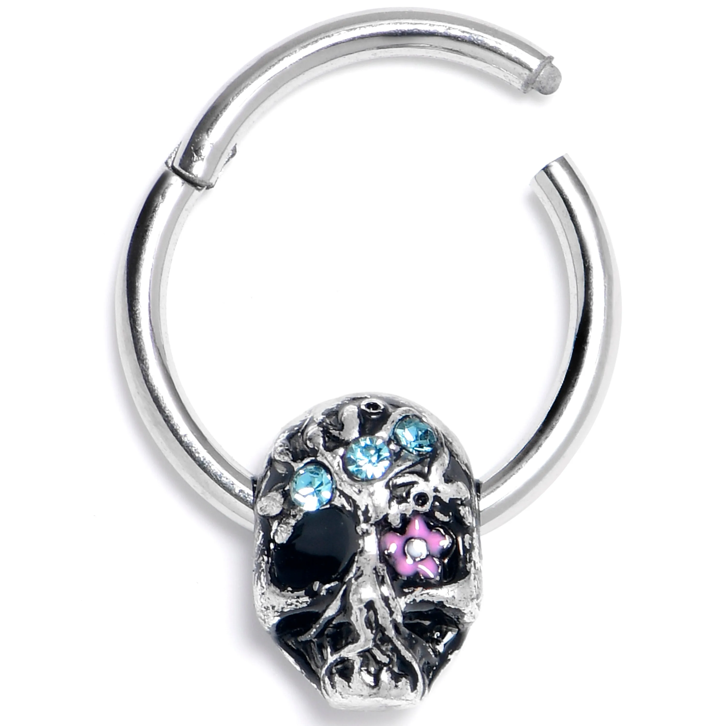 16 Gauge 3/8 Blue Gem Stylish Skull Hinged Segment Ring