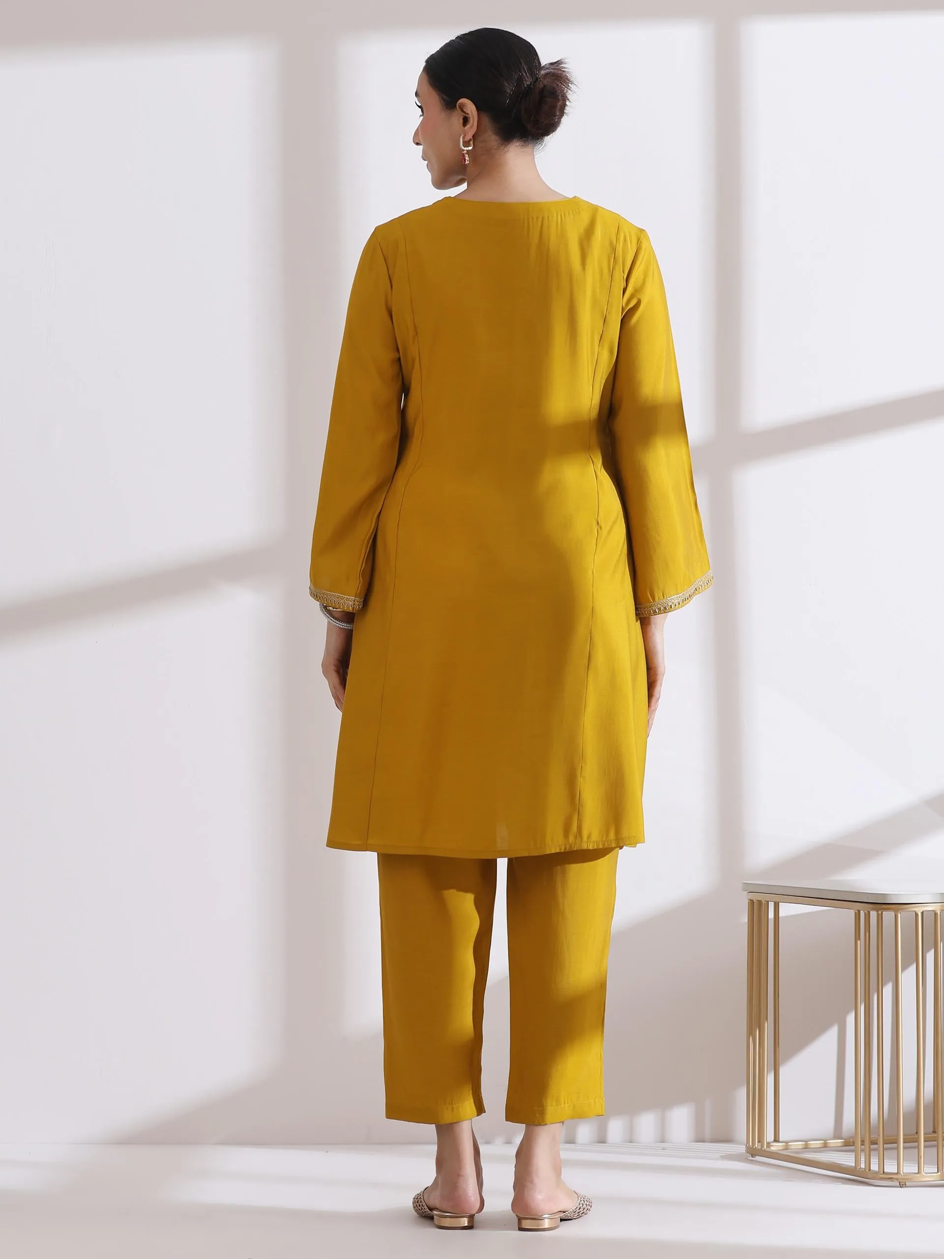 2 Pc Set - Airskin Mustard Kurta With Embroidery And Pants