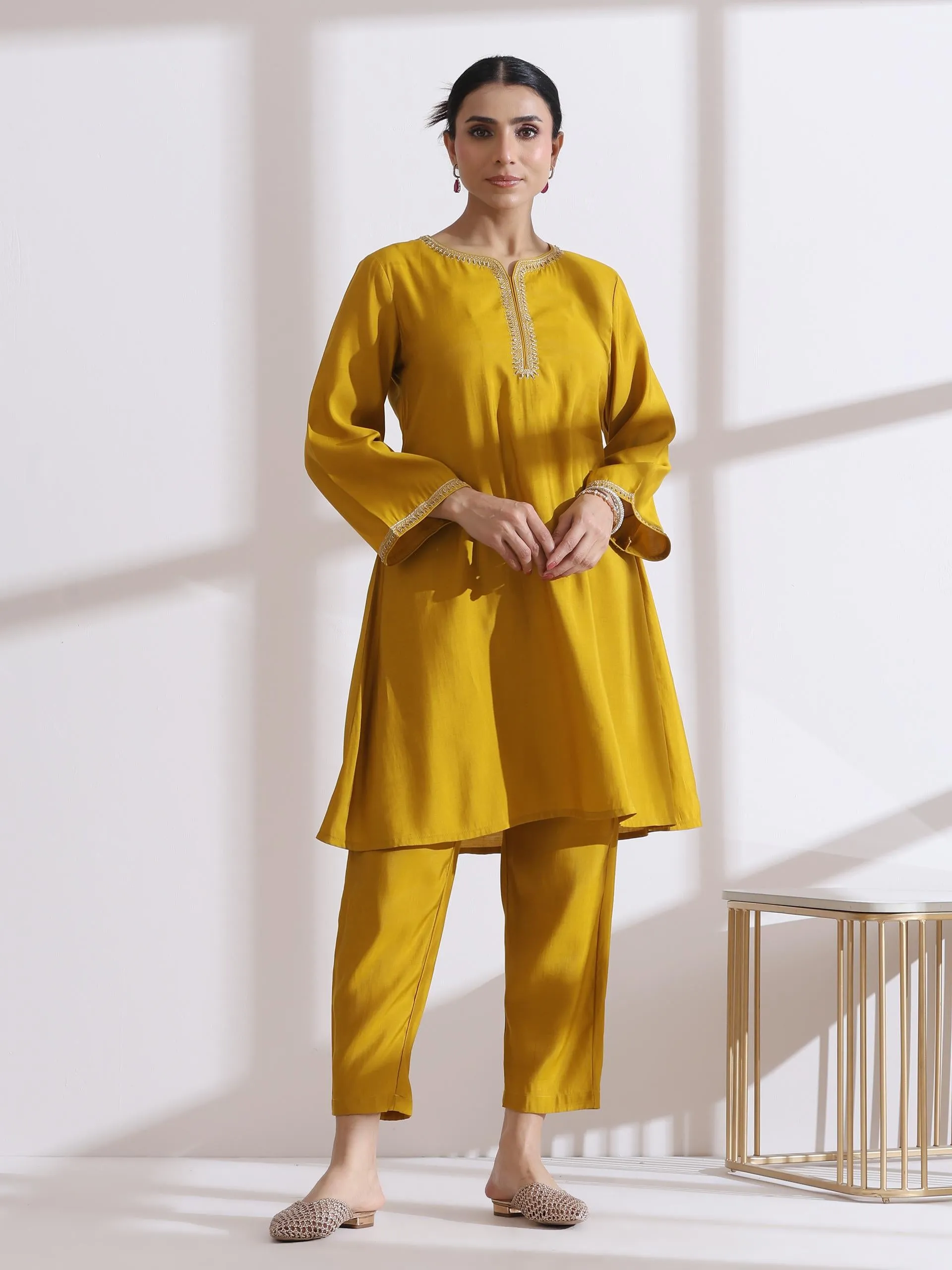 2 Pc Set - Airskin Mustard Kurta With Embroidery And Pants