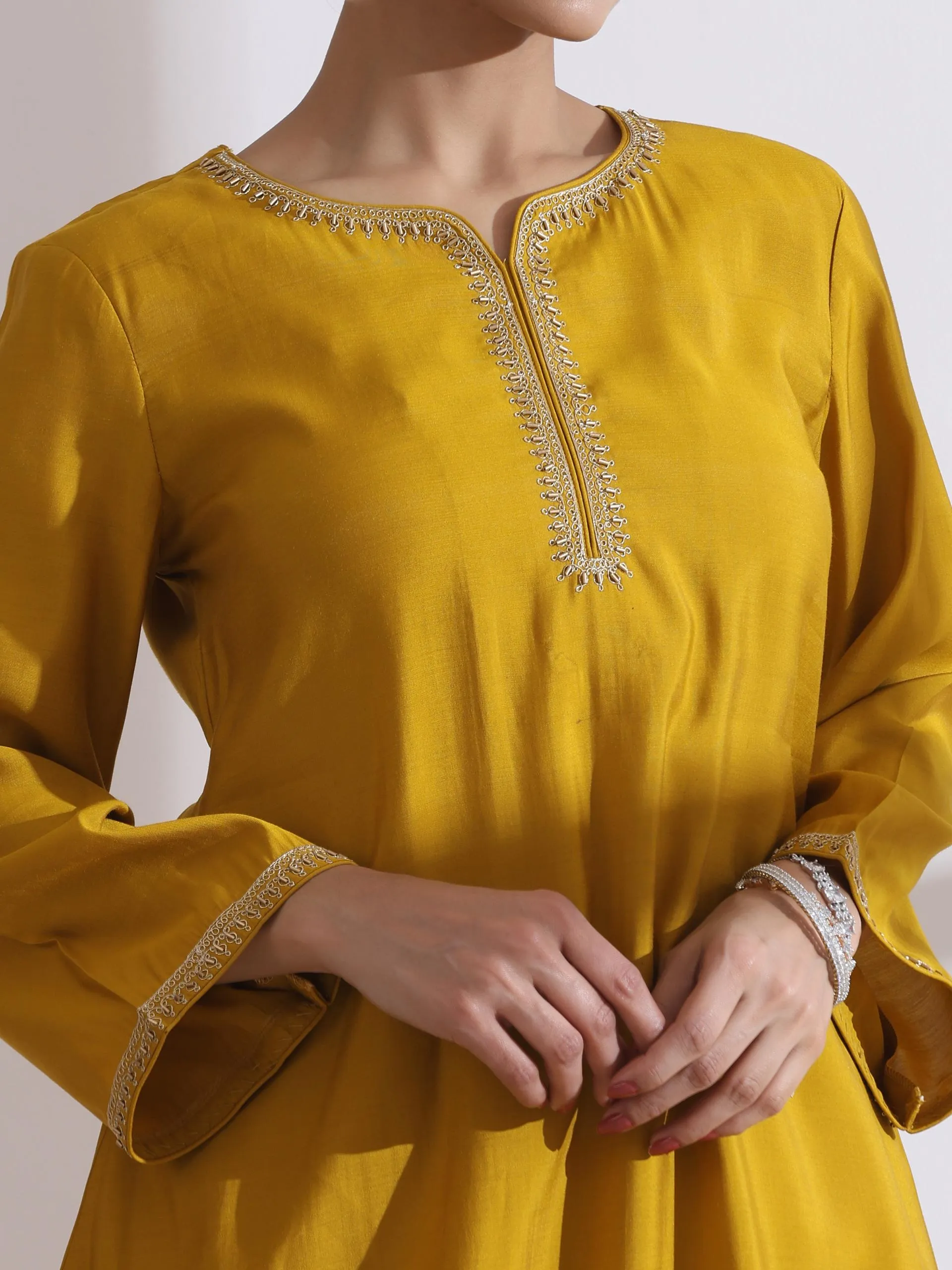 2 Pc Set - Airskin Mustard Kurta With Embroidery And Pants