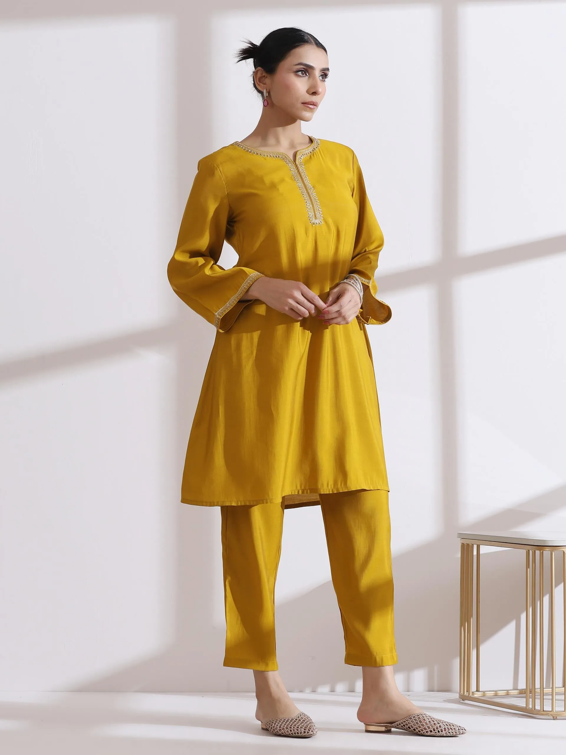 2 Pc Set - Airskin Mustard Kurta With Embroidery And Pants