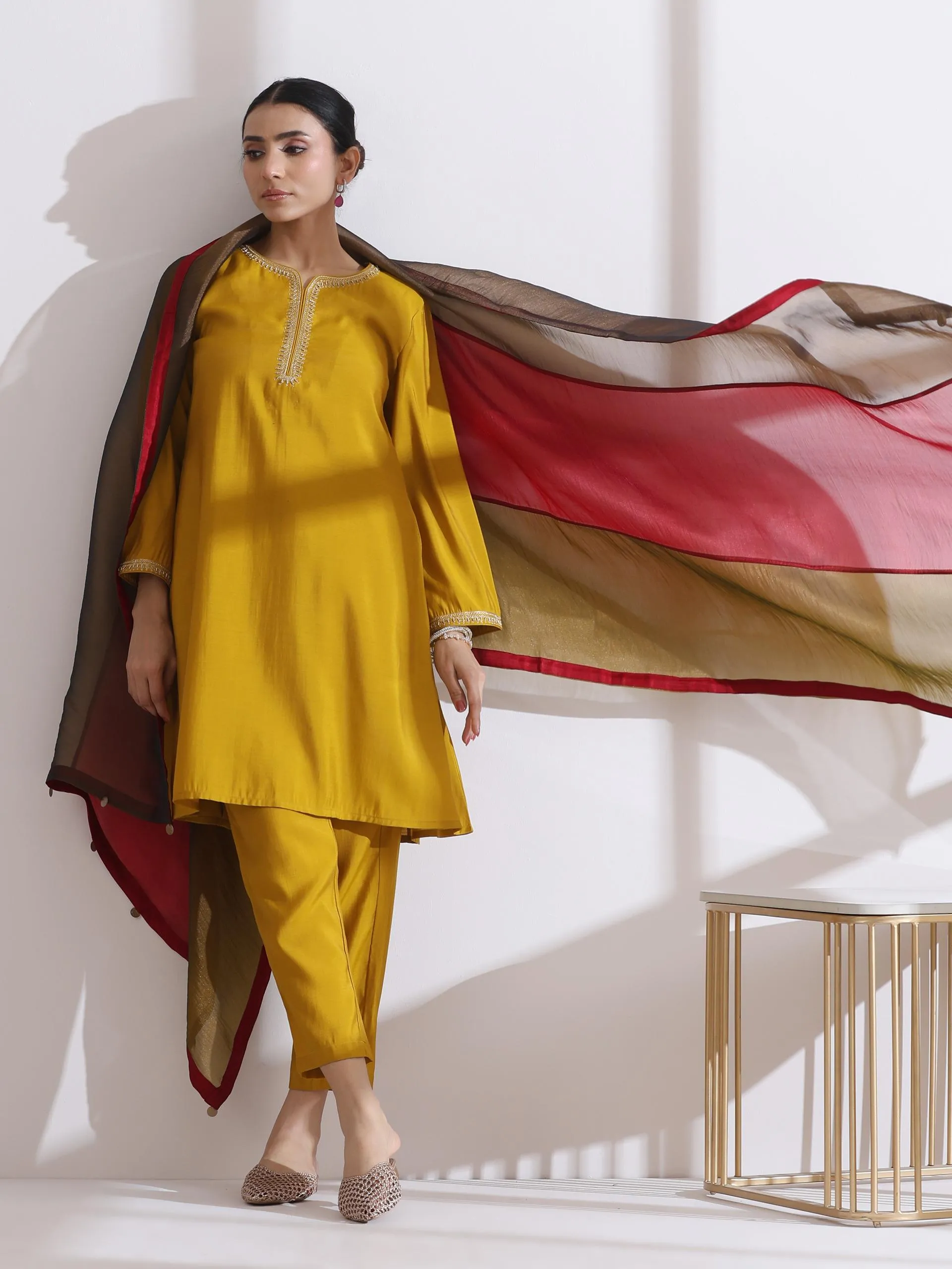 2 Pc Set - Airskin Mustard Kurta With Embroidery And Pants