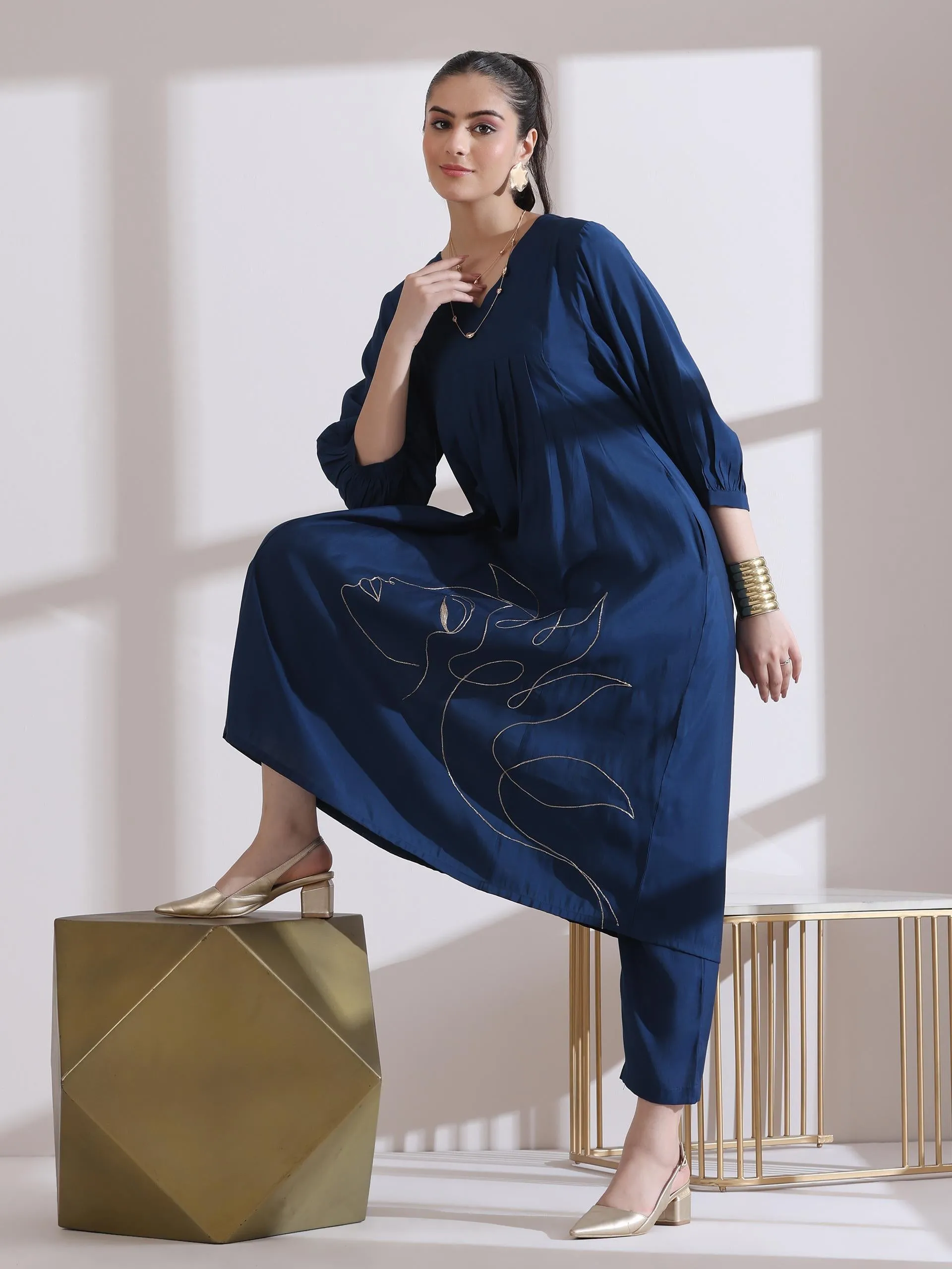 2 Pc Set - Airskin Navy Blue Kurta With Girl Embroidery With Pants
