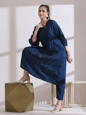 2 Pc Set - Airskin Navy Blue Kurta With Girl Embroidery With Pants