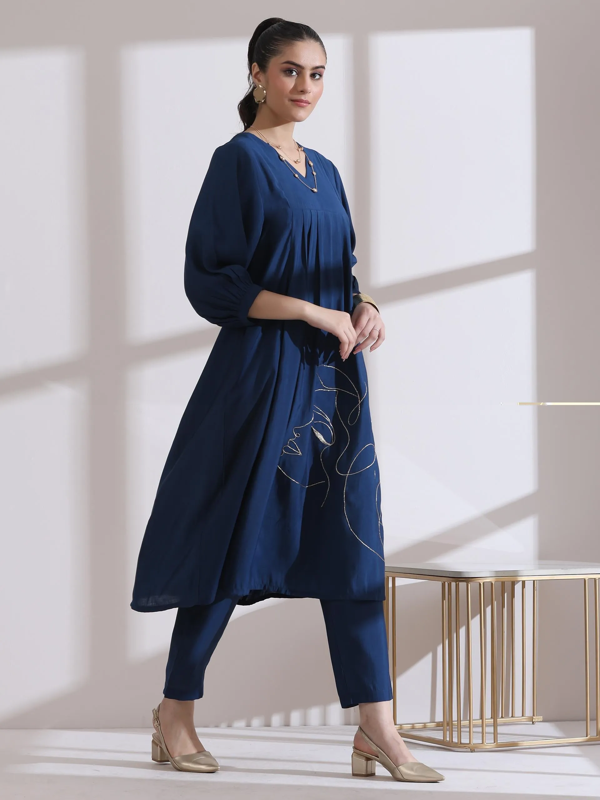 2 Pc Set - Airskin Navy Blue Kurta With Girl Embroidery With Pants