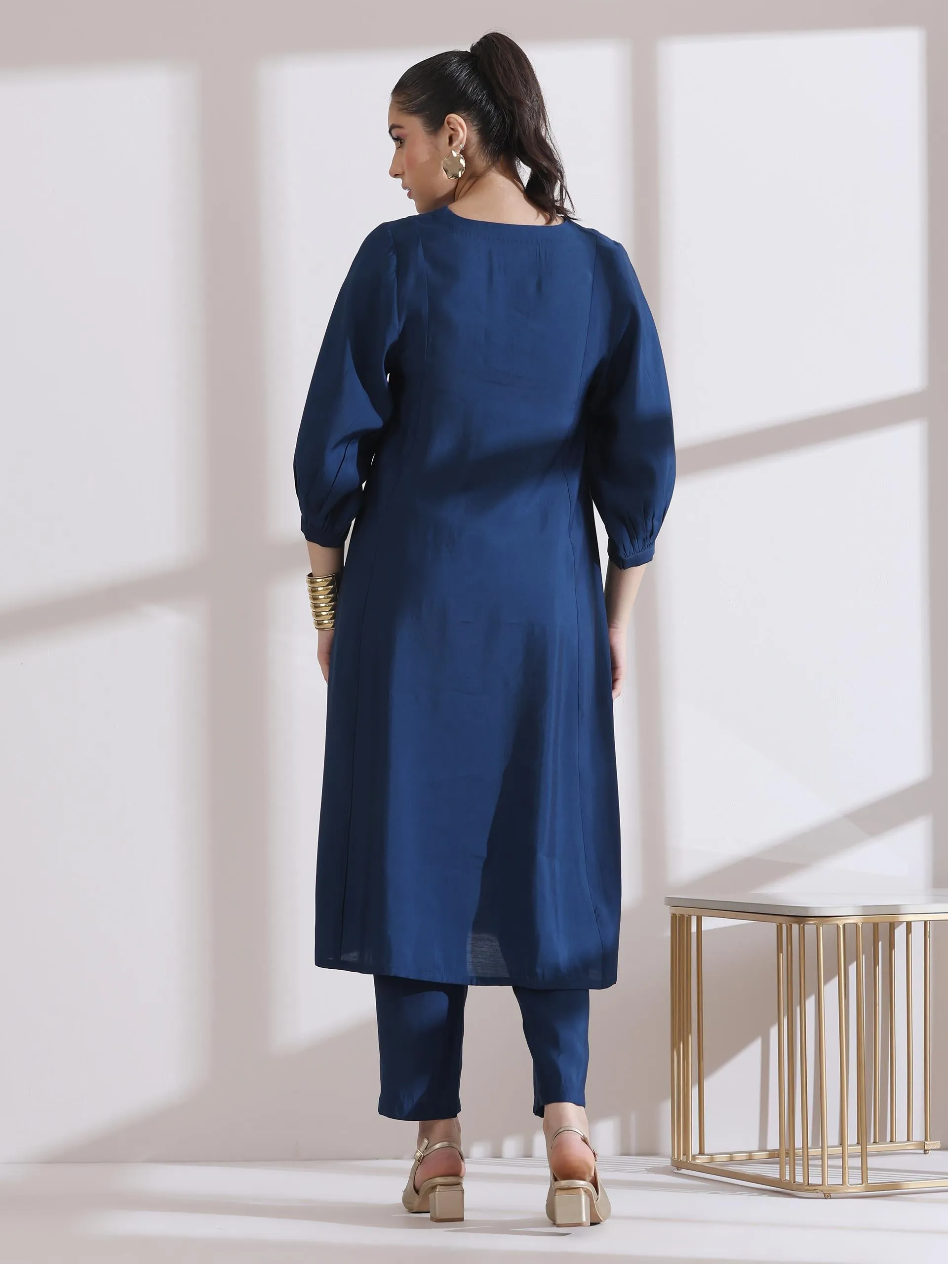 2 Pc Set - Airskin Navy Blue Kurta With Girl Embroidery With Pants