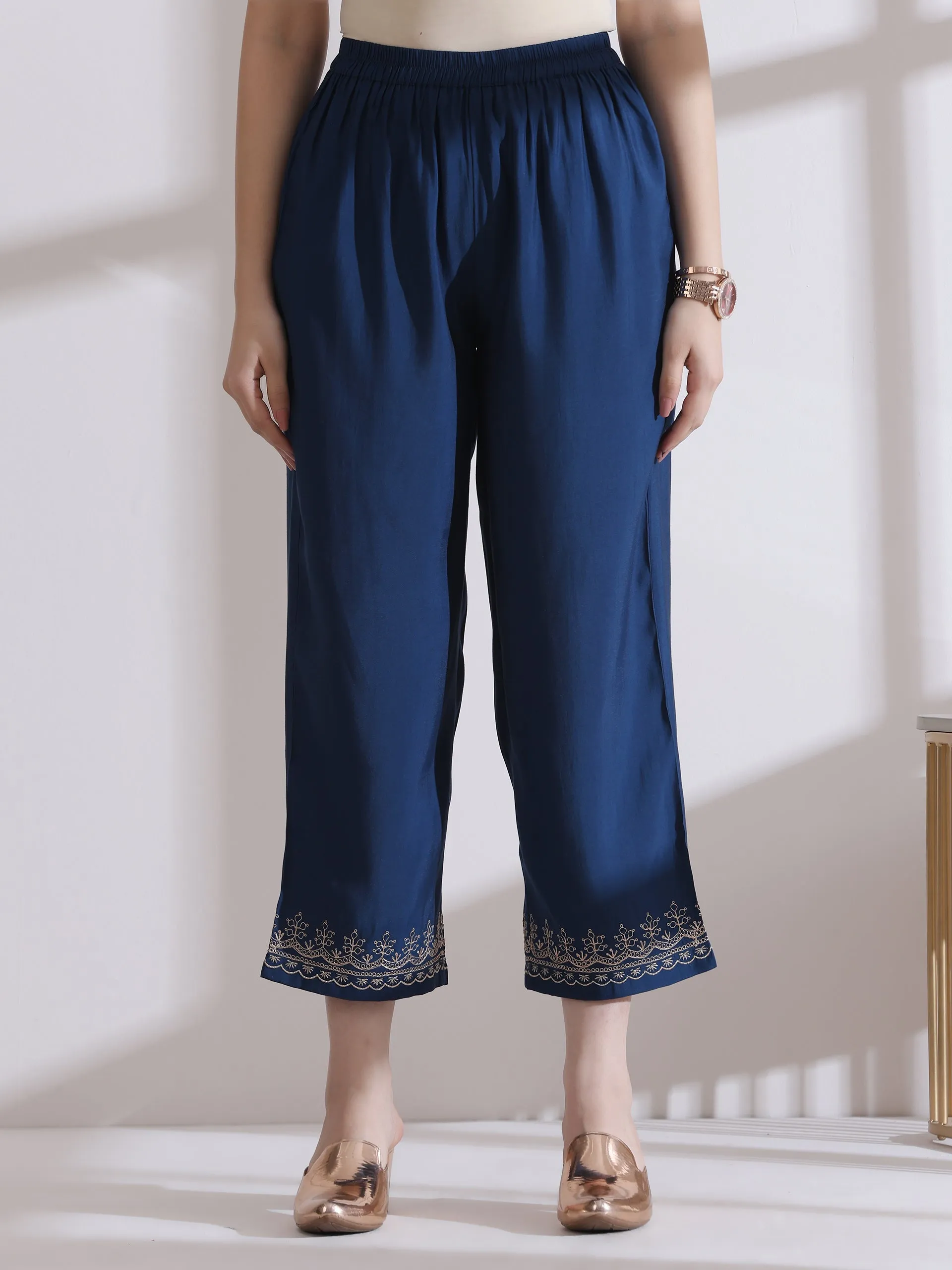 2 Pc Set - Airskin Navy Blue Kurta With Girl Embroidery With Pants