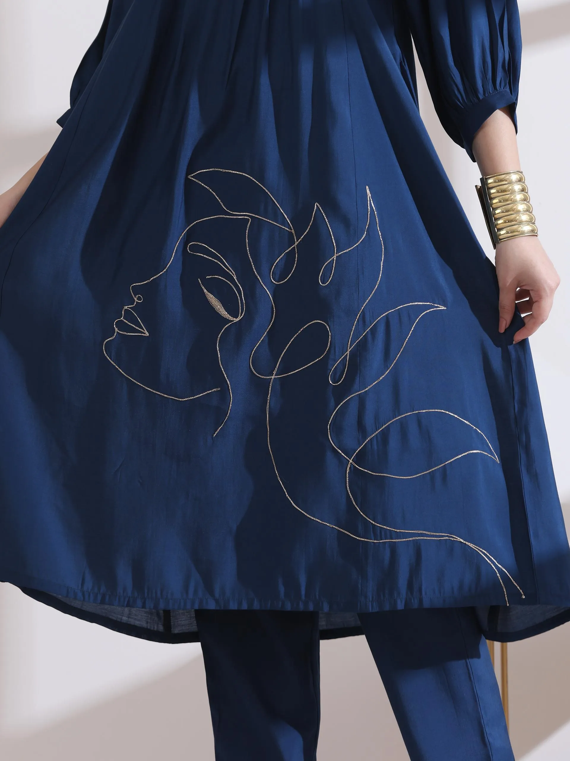 2 Pc Set - Airskin Navy Blue Kurta With Girl Embroidery With Pants