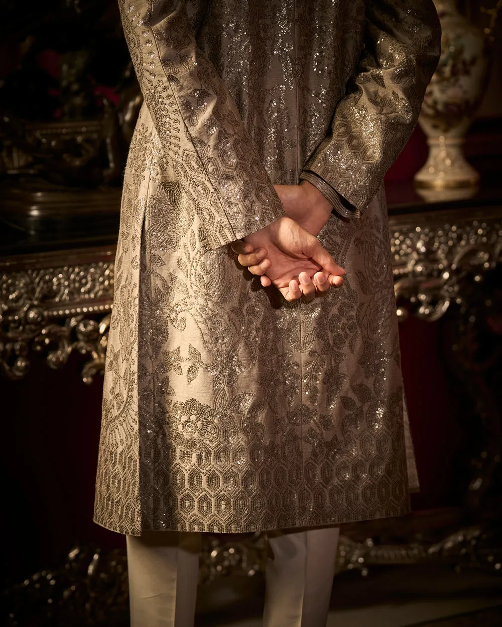 Ash Grey Sequin Sherwani Set