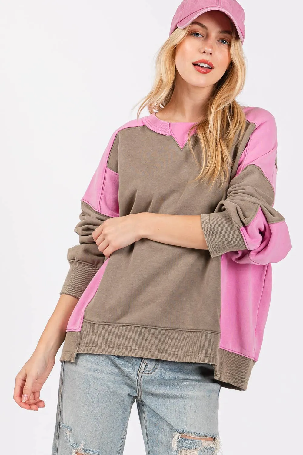 Ash Pink Color Block Sage   Fig Pullover