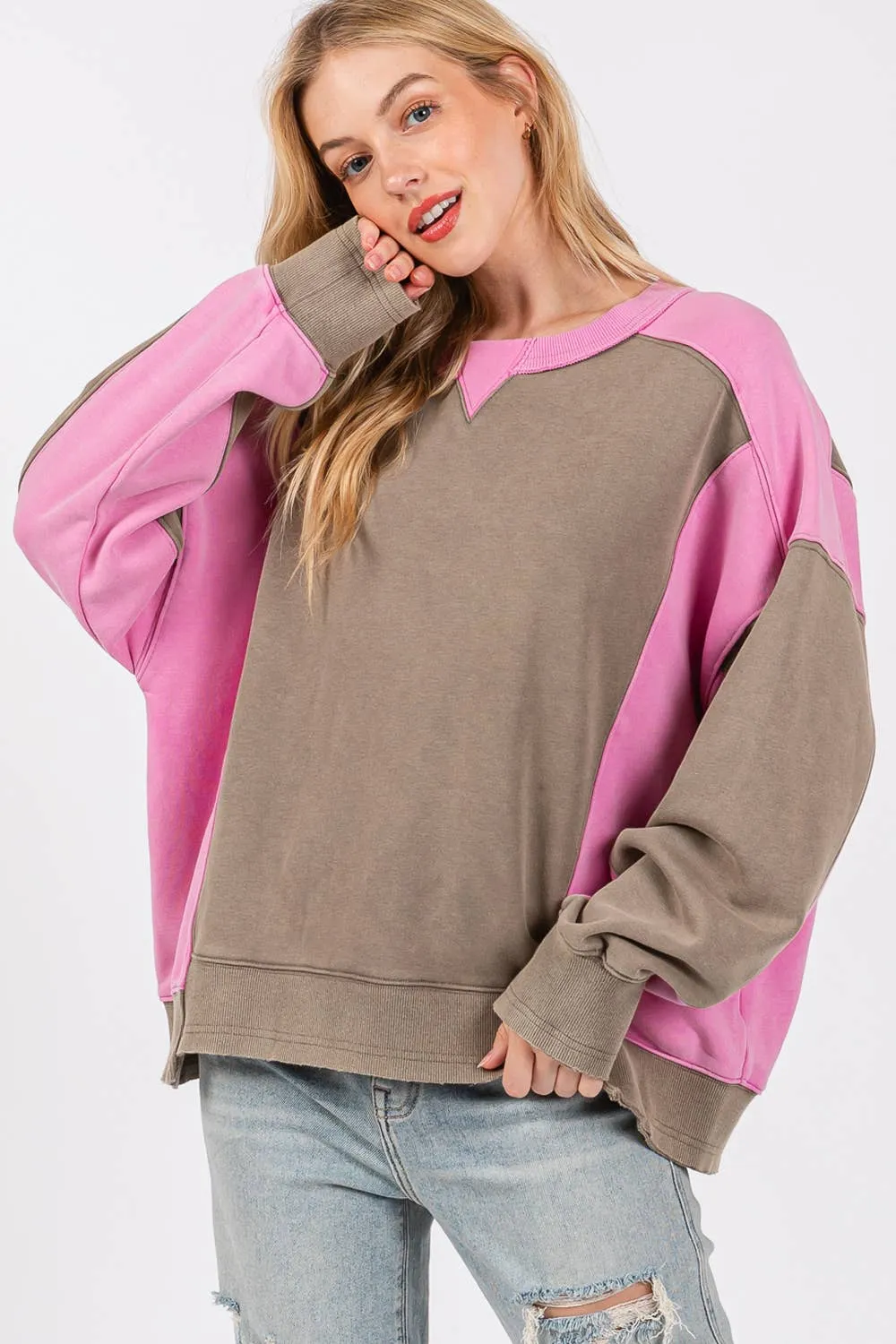Ash Pink Color Block Sage   Fig Pullover