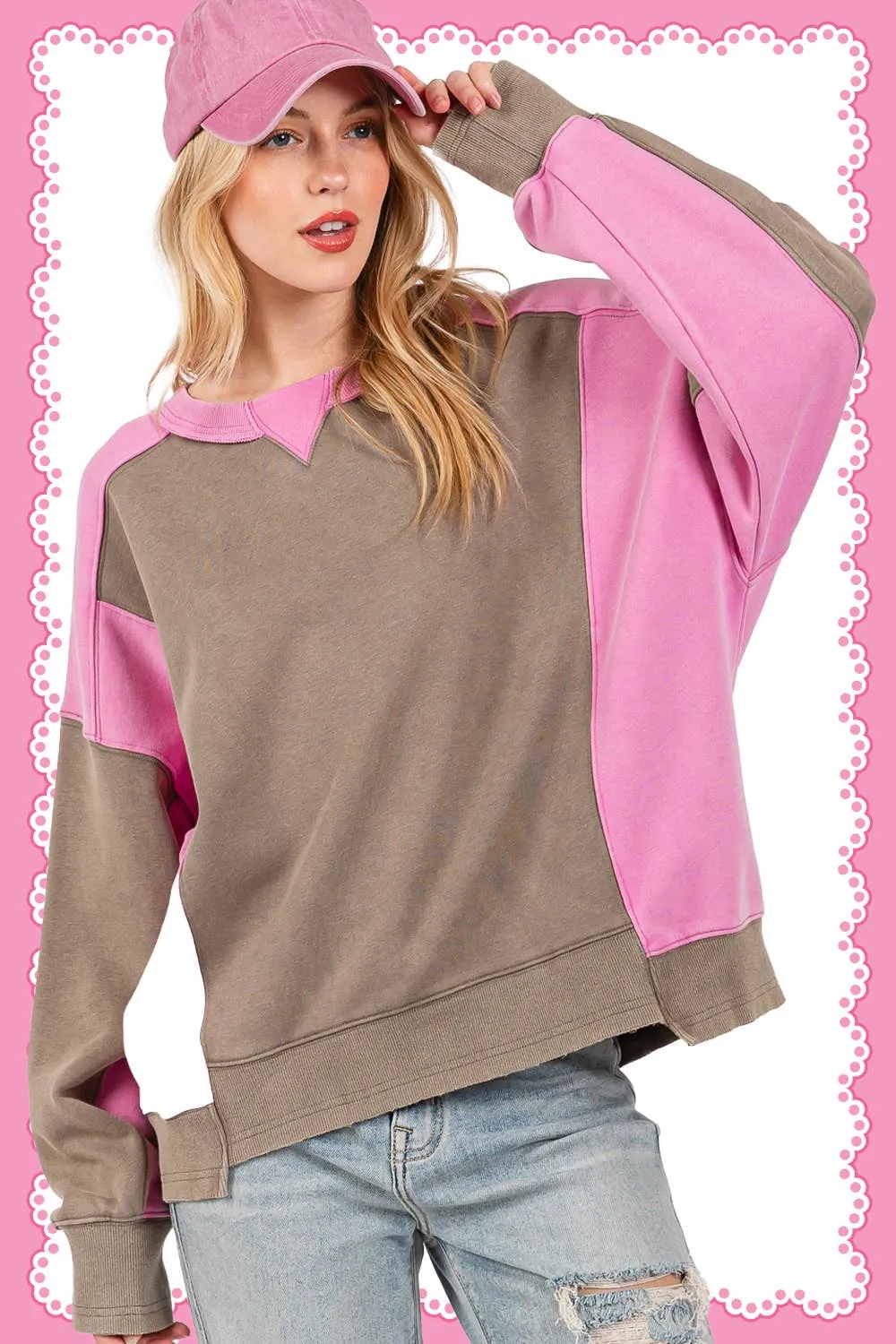Ash Pink Color Block Sage   Fig Pullover
