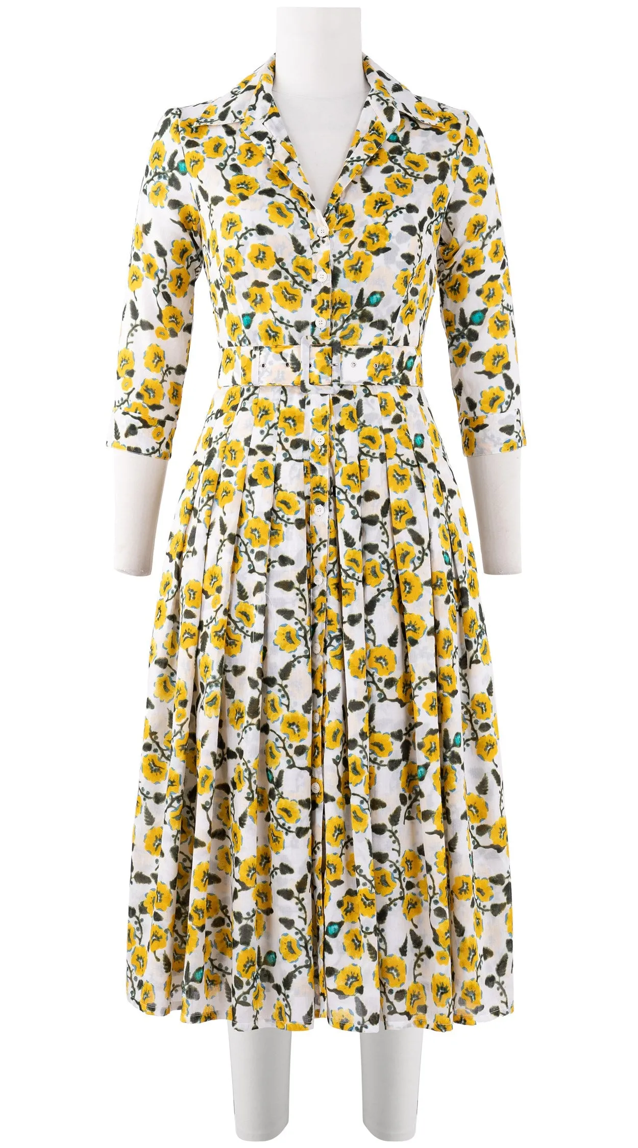 Audrey Dress #4 Shirt Collar 3/4 Sleeve Midi Length Cotton Musola (Azalea Flower Small)