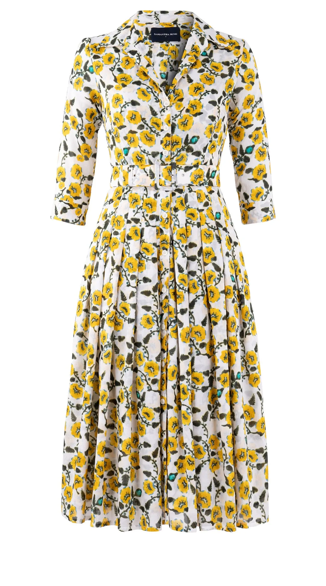 Audrey Dress #4 Shirt Collar 3/4 Sleeve Midi Length Cotton Musola (Azalea Flower Small)