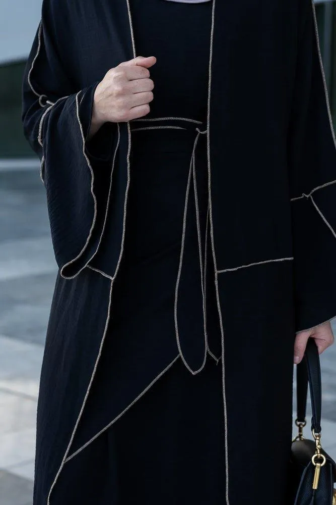 Audria black three piece lightweight maxi abaya with brown contrast piping