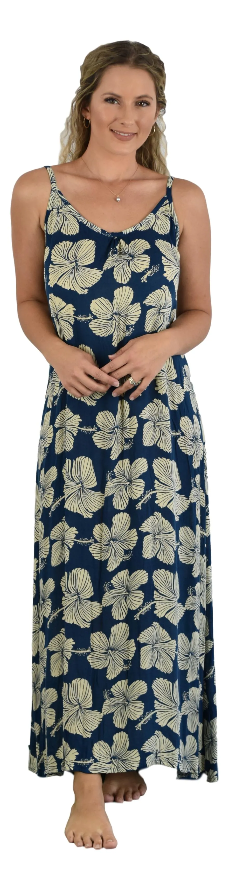 Bali Long Dress - Hibiscus - Cream / Background - Dark Blue
