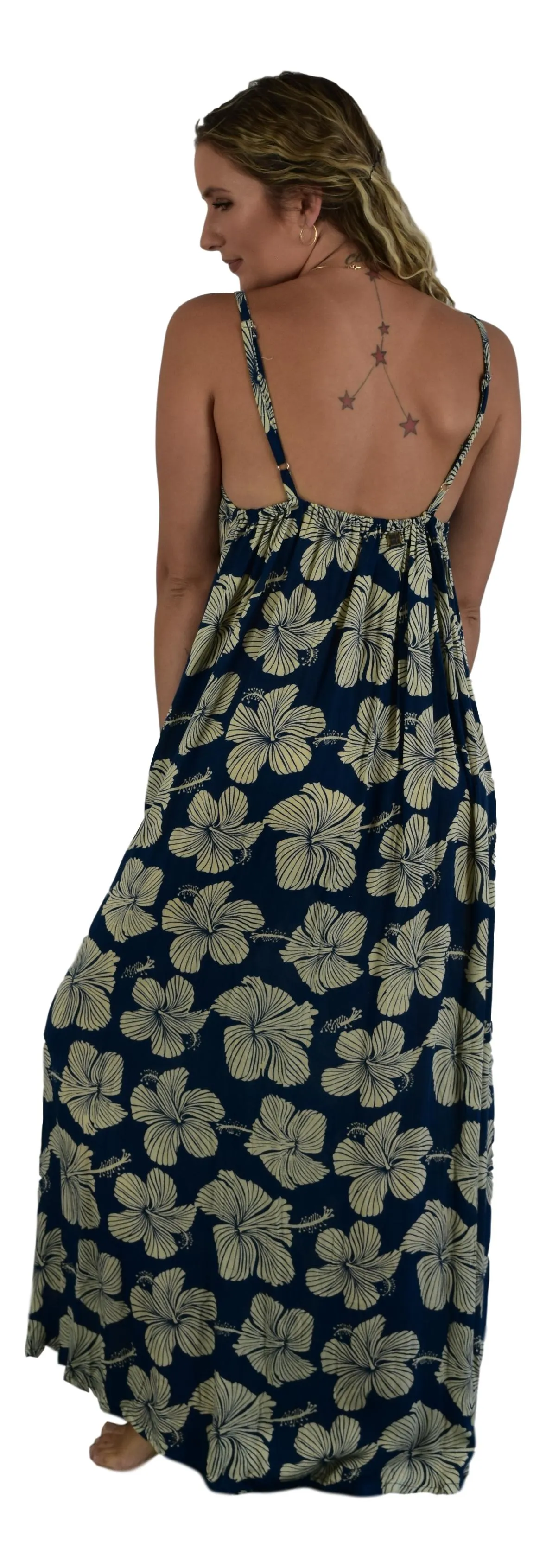 Bali Long Dress - Hibiscus - Cream / Background - Dark Blue