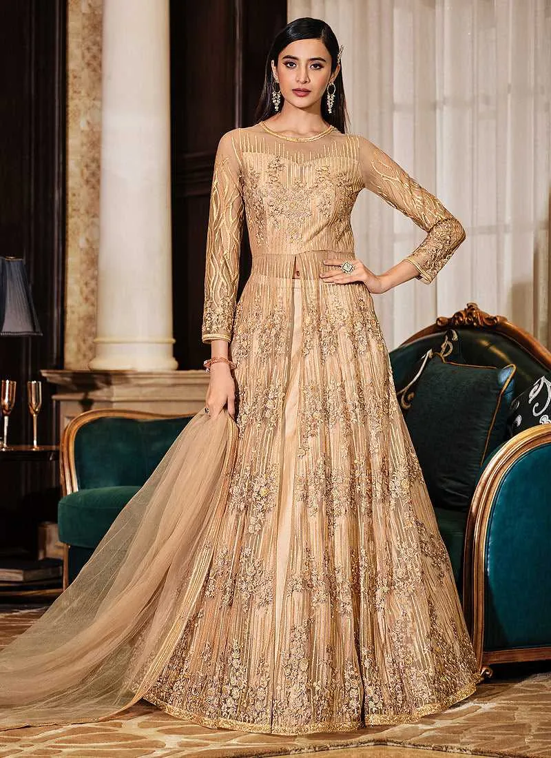 Beige Floral Embroidered Stylish Lehenga/ Pant Style Anarkali