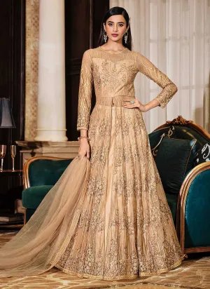 Beige Floral Embroidered Stylish Lehenga/ Pant Style Anarkali