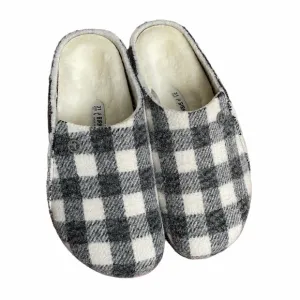 Birkenstock black white wool check slip on