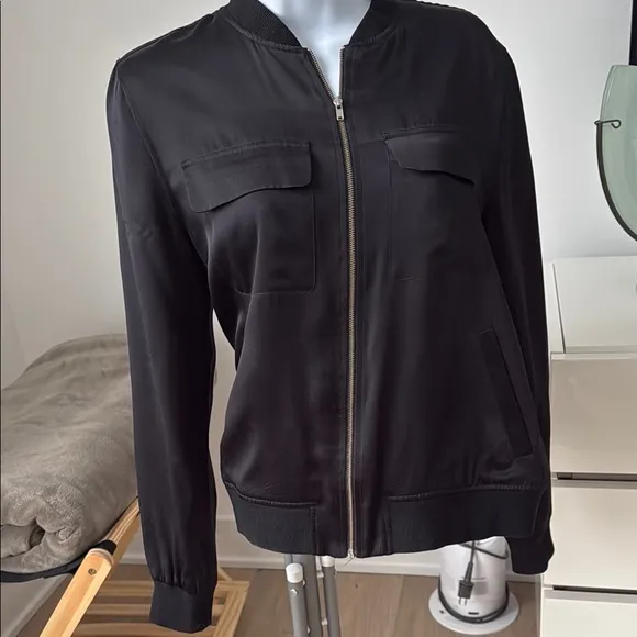 Black Bomber Jacket with Full-Length Zipper and Stand-Up Collar
