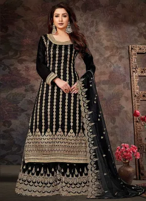 Black Gold Embroidered Stylish Palazzo Style Suit