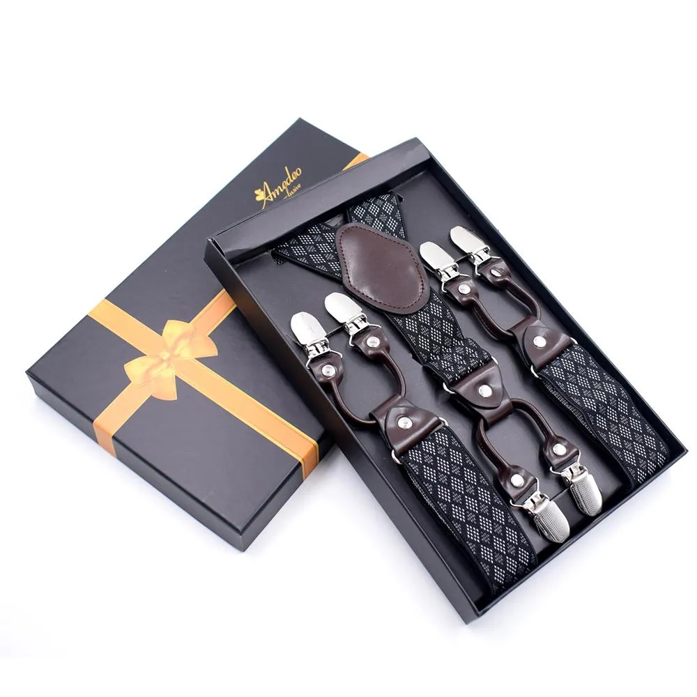 Black Grey Dual Clip On Elastic suspenders for Men - Adjustable Y Straps For Work Pants