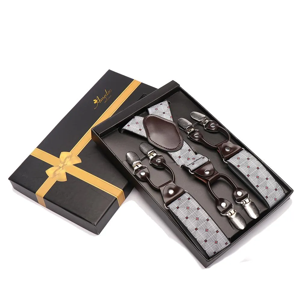 Black Grey Dual Clip Red Dot On Elastic suspenders for Men - Adjustable Y Straps For Work Pants
