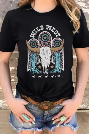 Black WILD WEST Steer Skull Graphic T Shirt