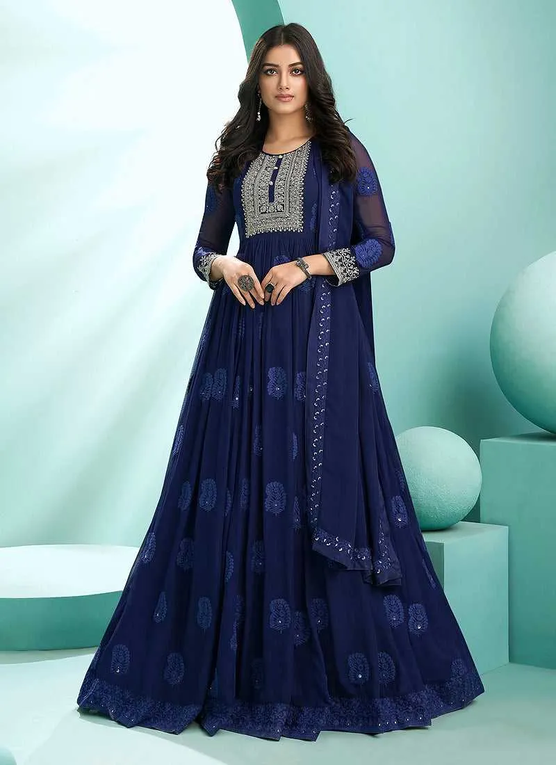 Blue Embroidered Stylish Kalidar Anarkali Suit