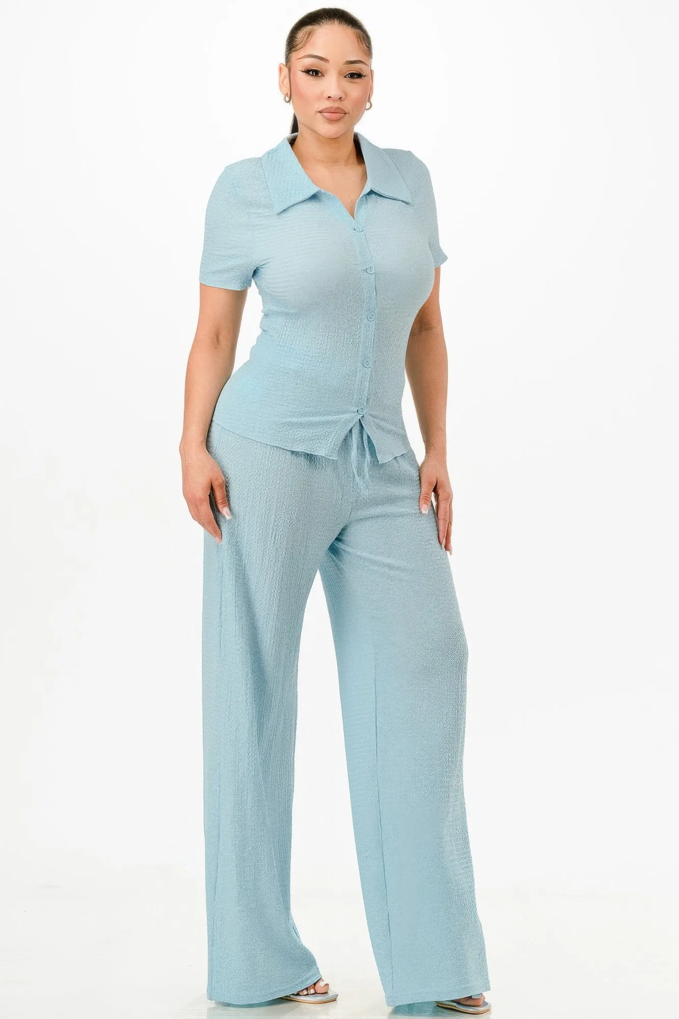 Blue Textured Polo Top And Pants Set