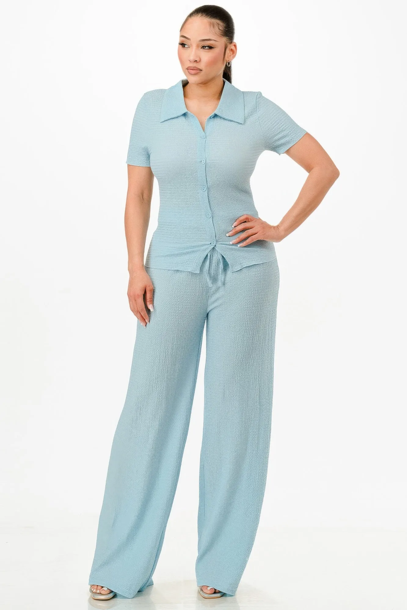 Blue Textured Polo Top And Pants Set
