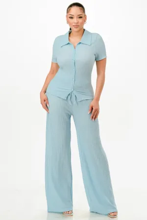 Blue Textured Polo Top And Pants Set