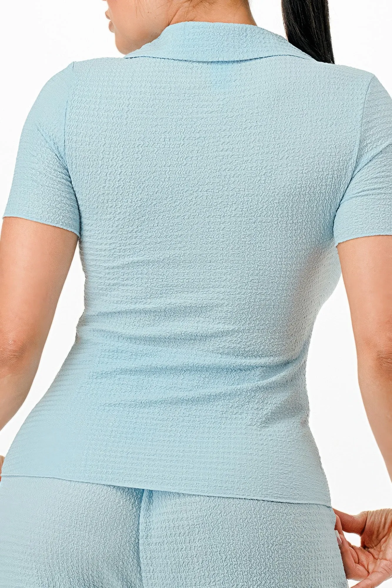Blue Textured Polo Top And Pants Set