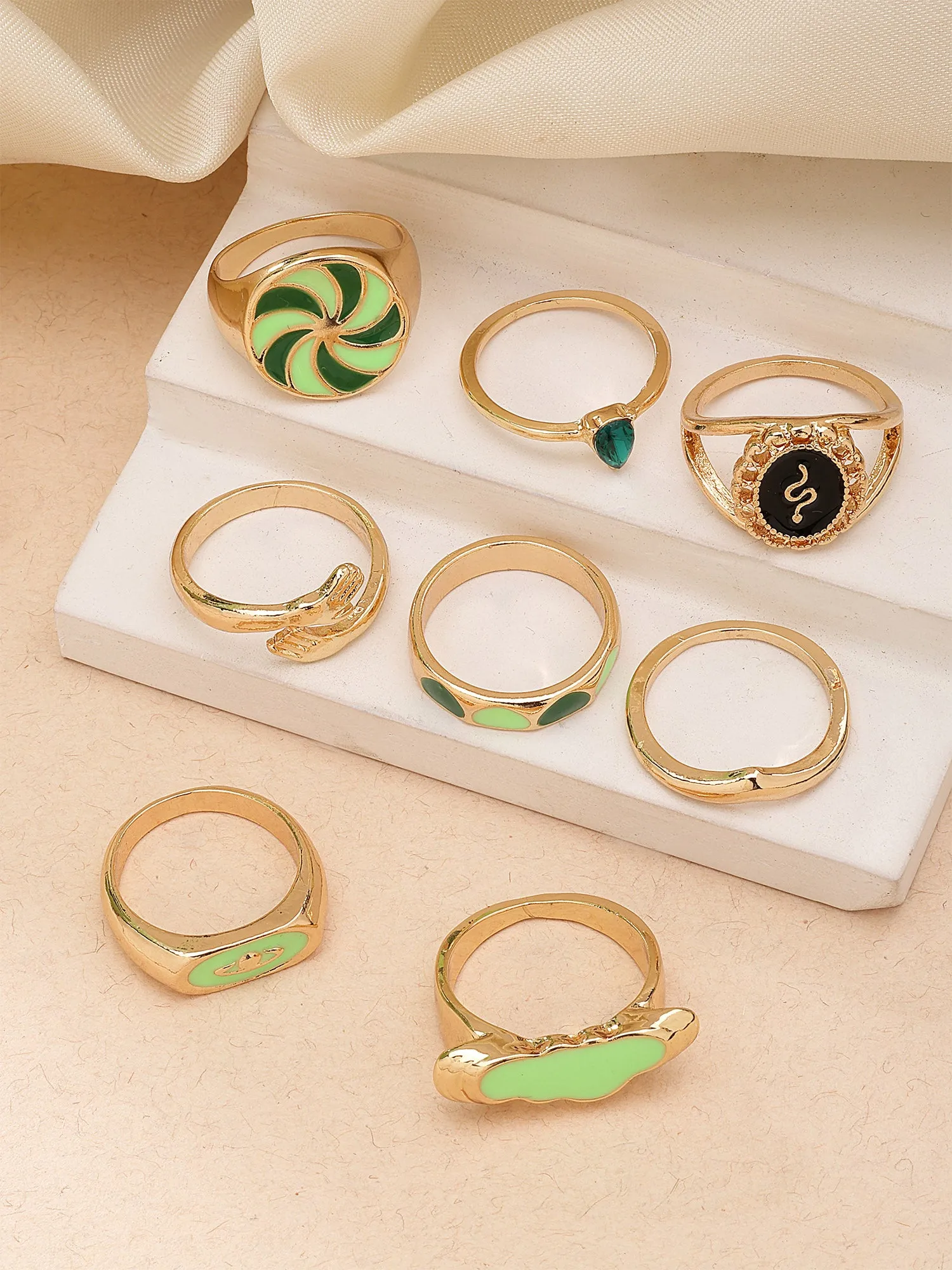 Bohey by KARATCART Set of 8 Gold-Plated Boho Midi Finger Rings for Women