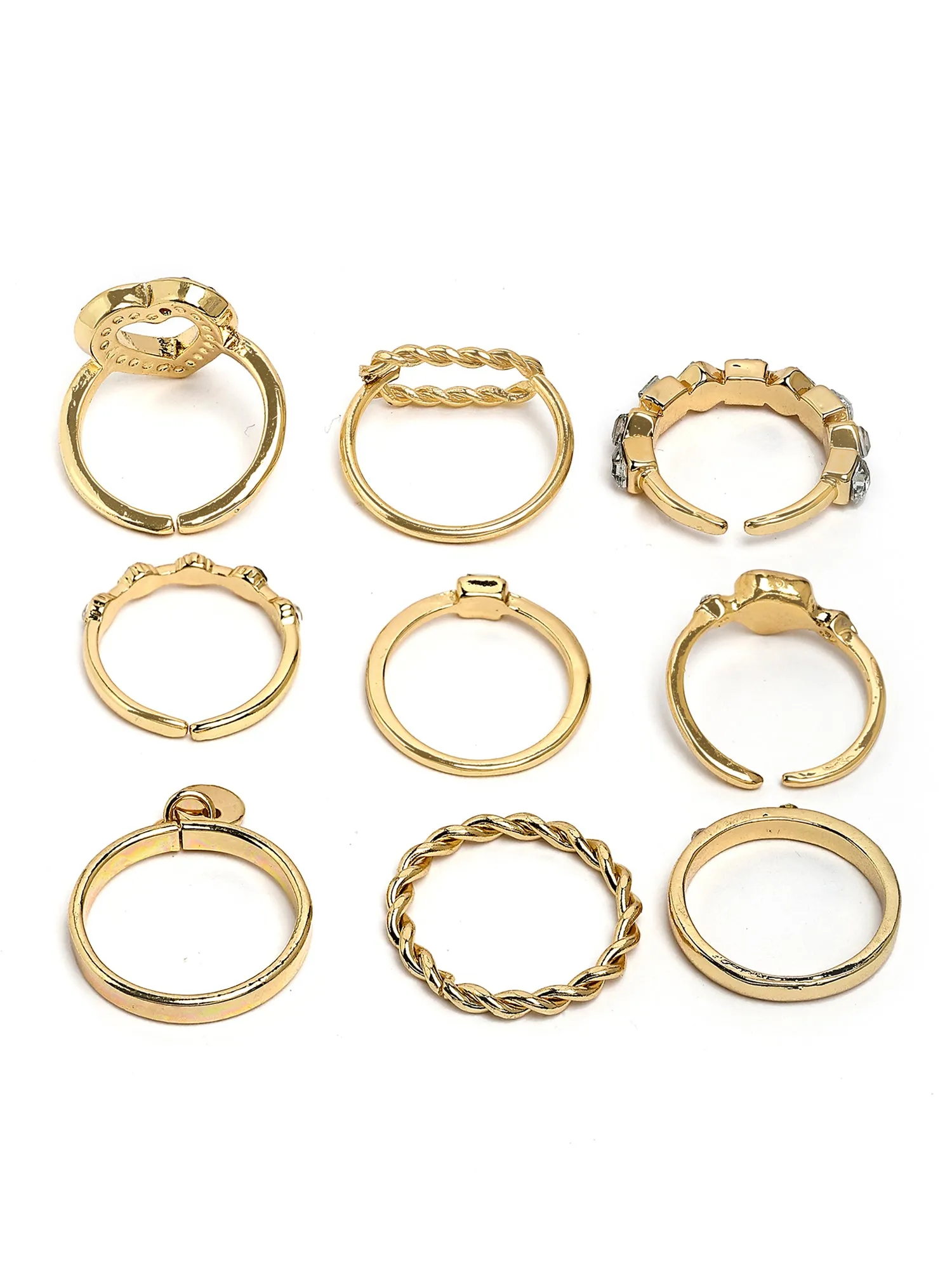 Bohey by KARATCART Set of 9 Gold-Plated Boho Midi Finger Rings for Women