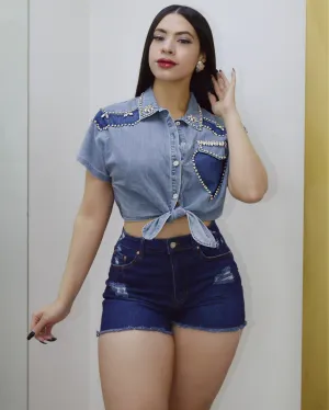 Cause I Love Jean Embellished Blouse Denim Two Tone