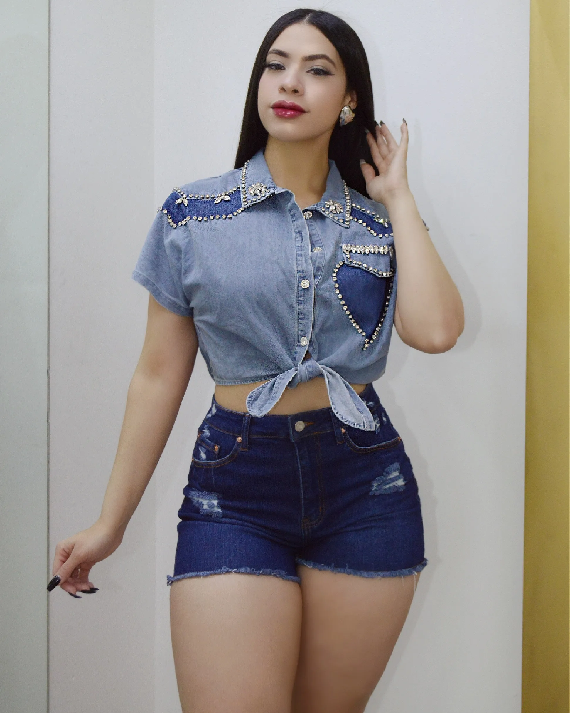 Cause I Love Jean Embellished Blouse Denim Two Tone