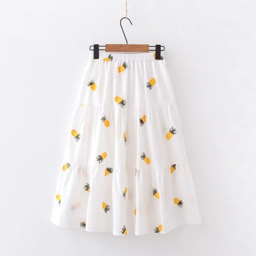 Cherry Strawberry Pineapple Embroidery A-line Pleated Skirt J30024