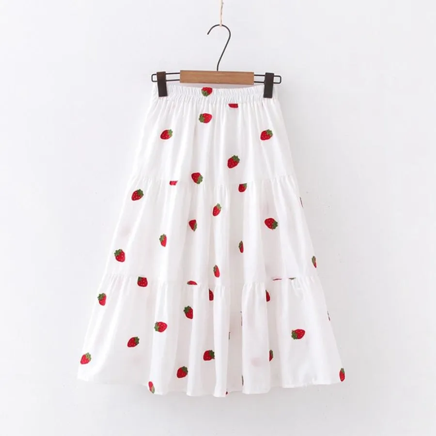 Cherry Strawberry Pineapple Embroidery A-line Pleated Skirt J30024