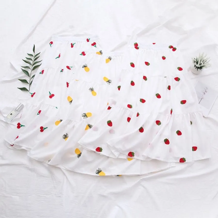 Cherry Strawberry Pineapple Embroidery A-line Pleated Skirt J30024