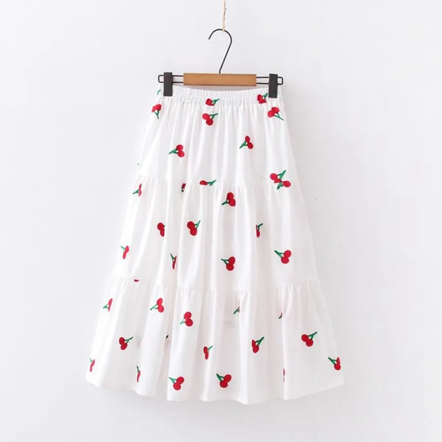 Cherry Strawberry Pineapple Embroidery A-line Pleated Skirt J30024