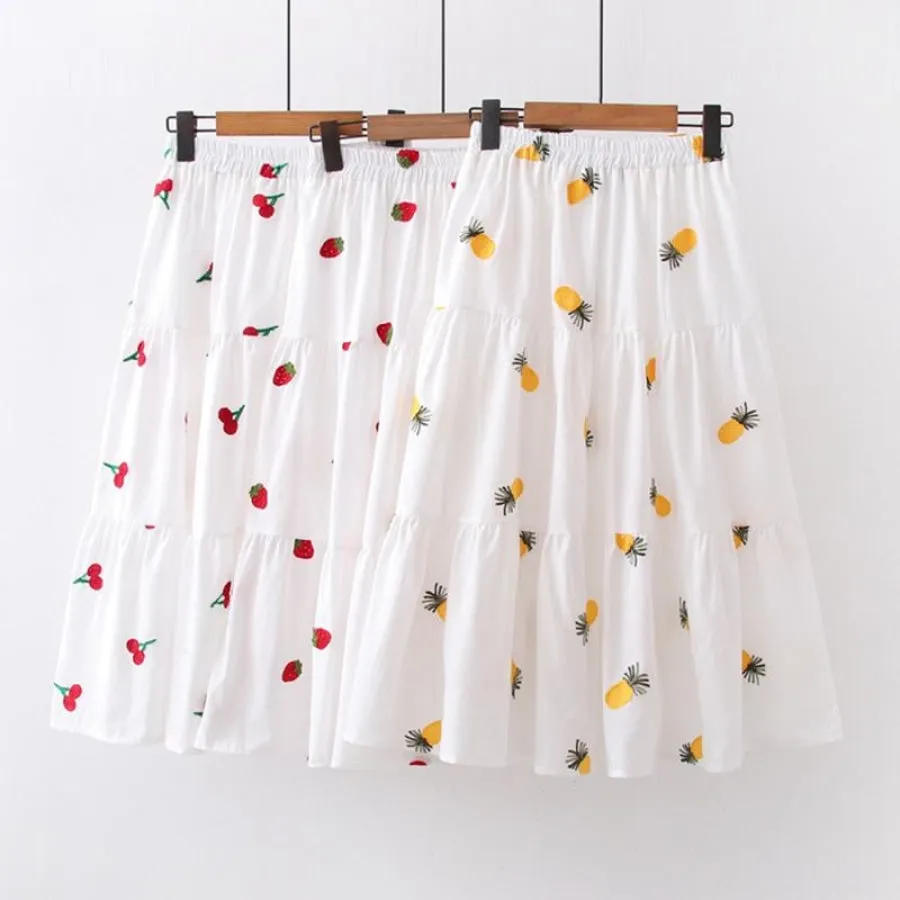 Cherry Strawberry Pineapple Embroidery A-line Pleated Skirt J30024
