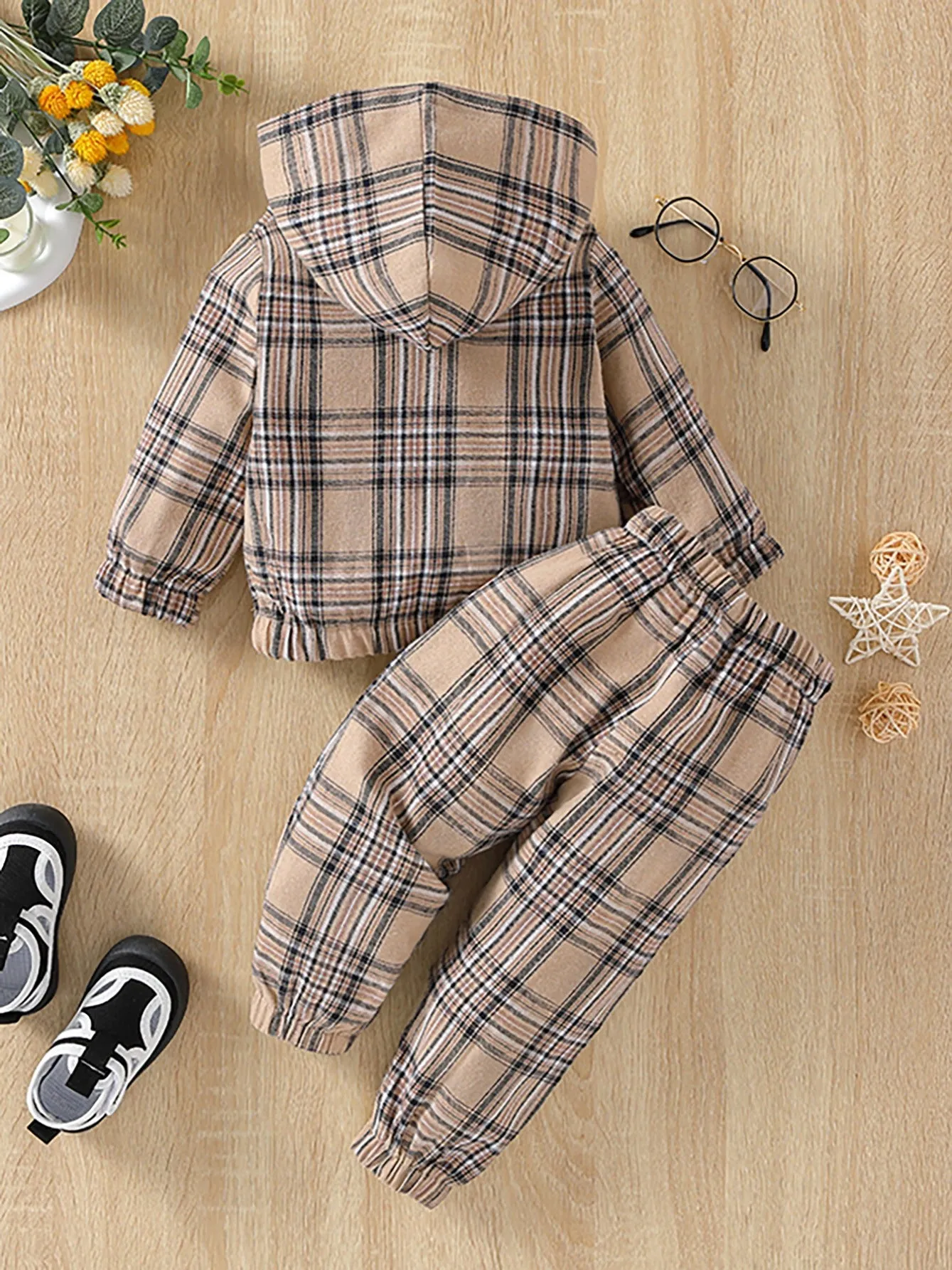 Children's Casual Plaid Long-sleeved Hooded Sweatshirt Pant Set Autumn And Winter