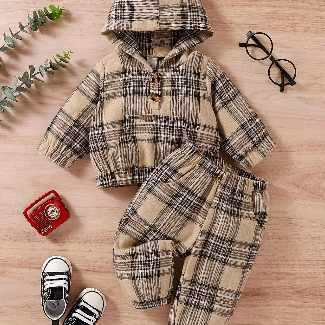 Children's Casual Plaid Long-sleeved Hooded Sweatshirt Pant Set Autumn And Winter