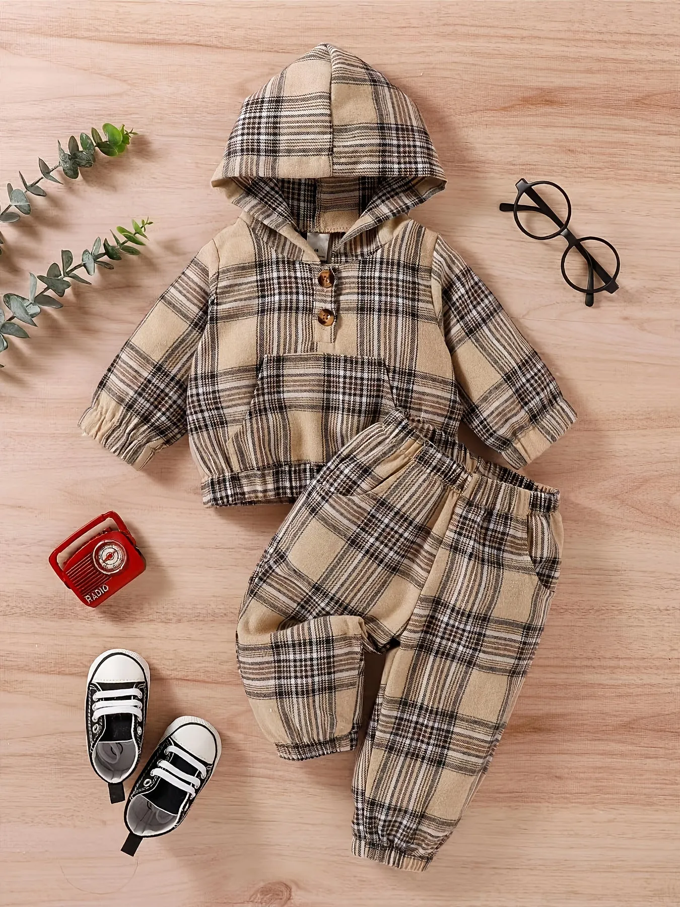 Children's Casual Plaid Long-sleeved Hooded Sweatshirt Pant Set Autumn And Winter