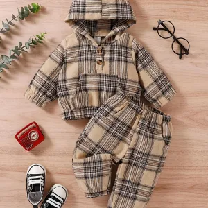Children's Casual Plaid Long-sleeved Hooded Sweatshirt Pant Set Autumn And Winter