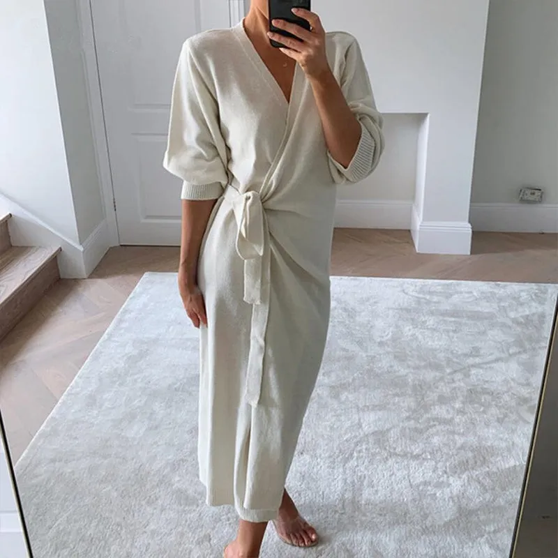 Comfy Casual Knit V-Neck Wrap Dress