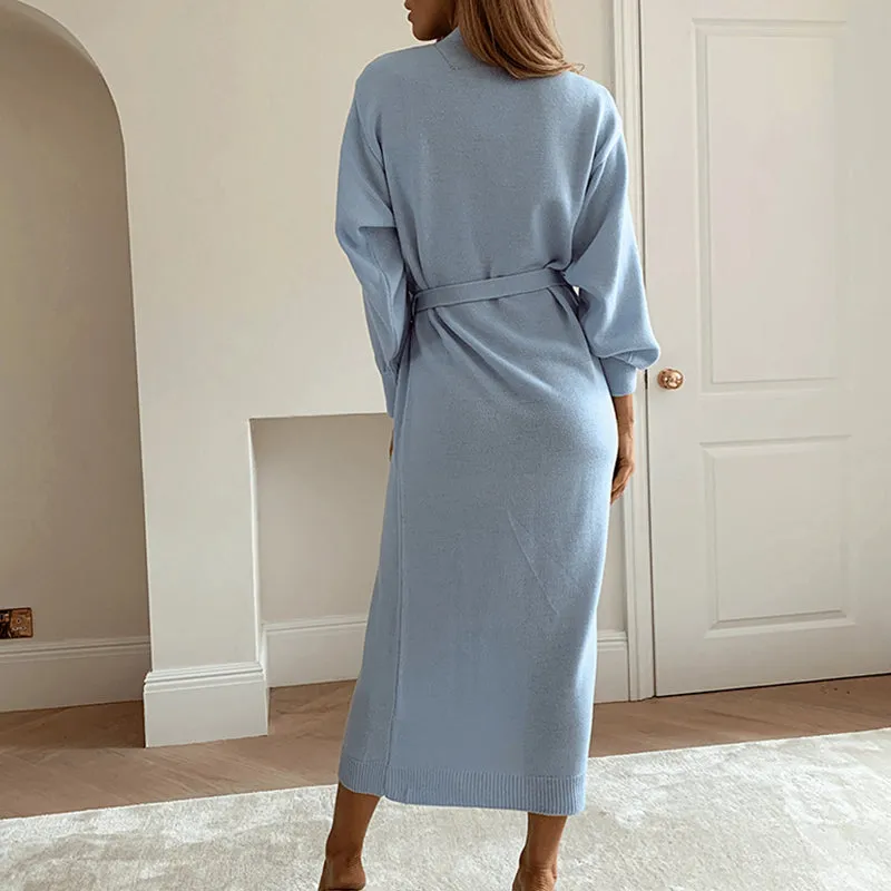 Comfy Casual Knit V-Neck Wrap Dress